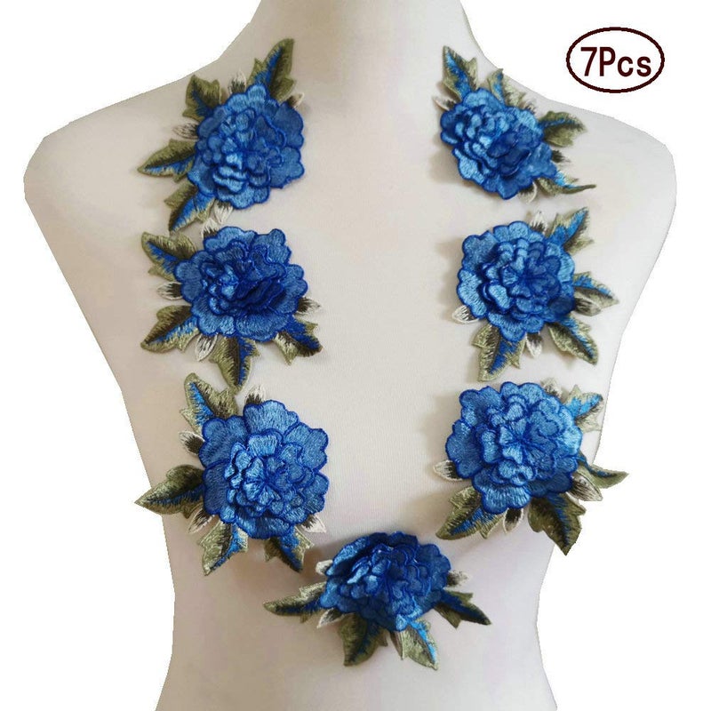 FEEPOP 7 Pcs Handmade Applique Embroidered Iron Leaf Flowers (7 Lakes Blue) Handmade Applique Embroidered Iron Leaf Flowers (Blue B) - Image 3